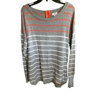 CROWN & IVY gray white coral Beachy coastal strip 1/4 back zip rounded him sz L